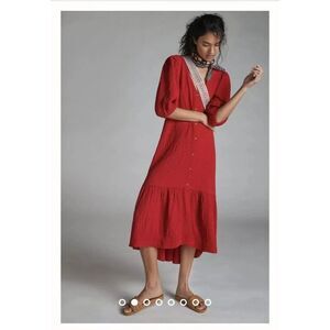 Maeve Anthropologie Scarletta Red Crinkle Gauze Tiered Button Midi Dress Boho S